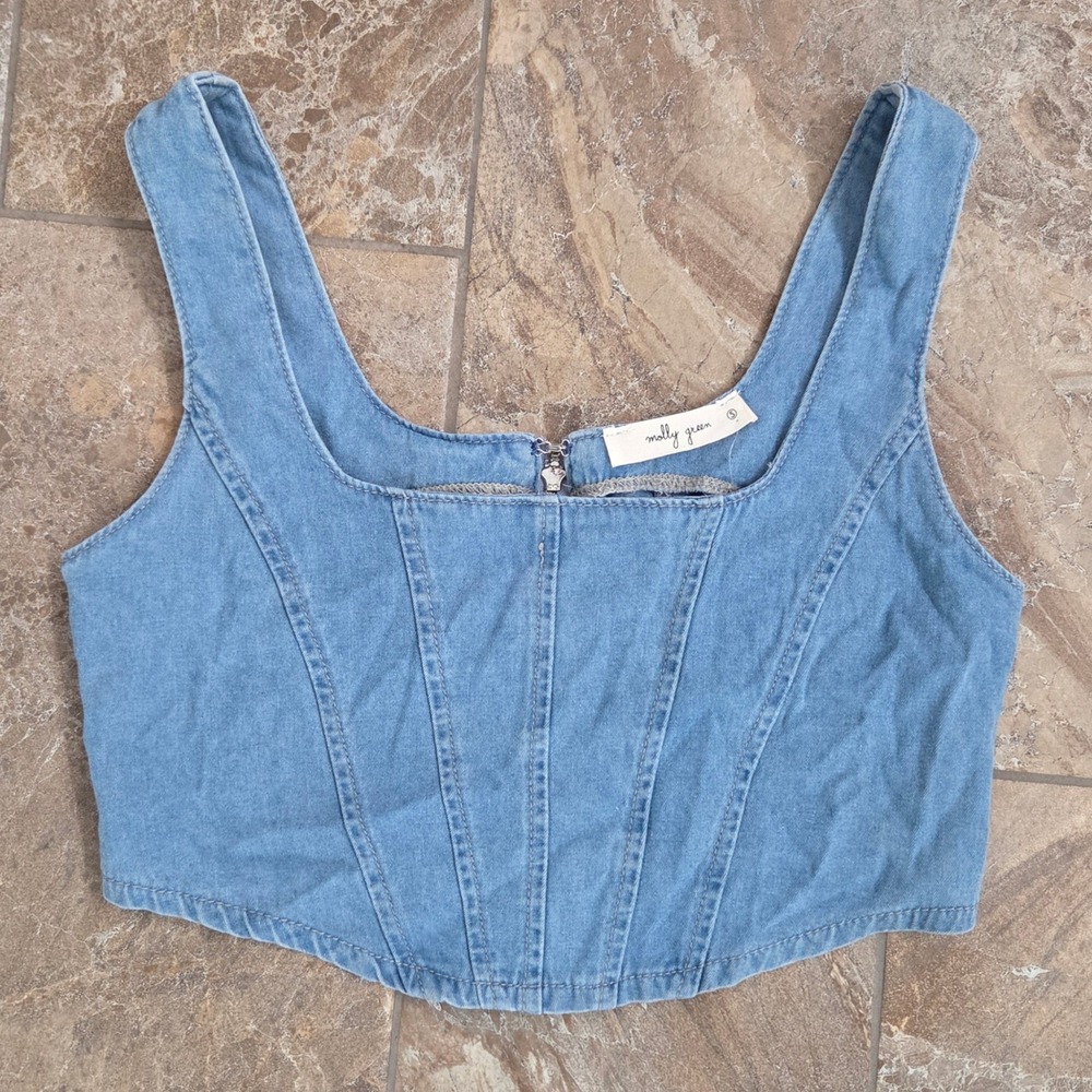 Molly Green Zuri Corset Denim Top‎ Light Blue Sleeveless Fitted Small S